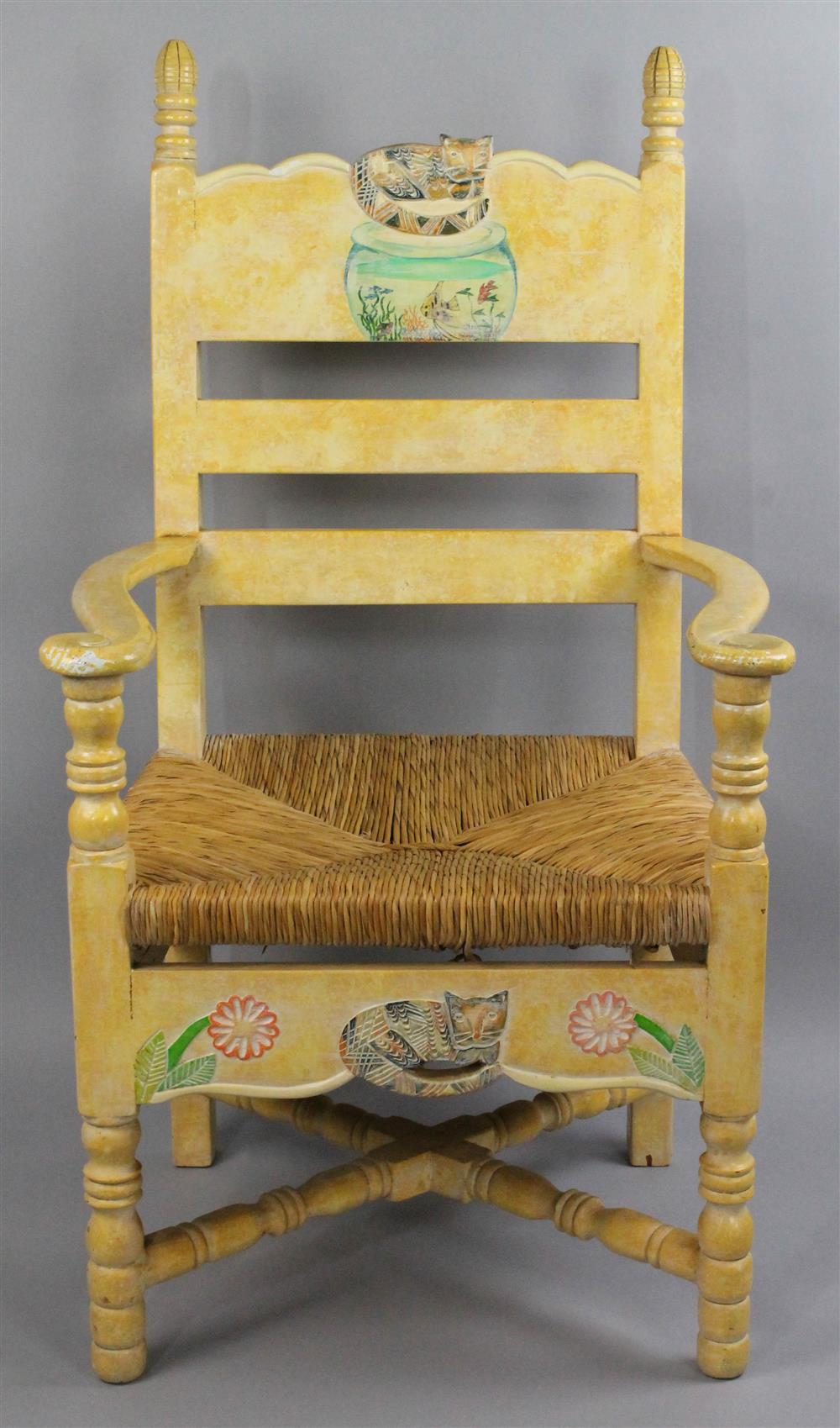 Appraisal: FAUX PAINTED AND CARVED LARGE CONTEMPORARY LADDER BACK CHAIR WITH