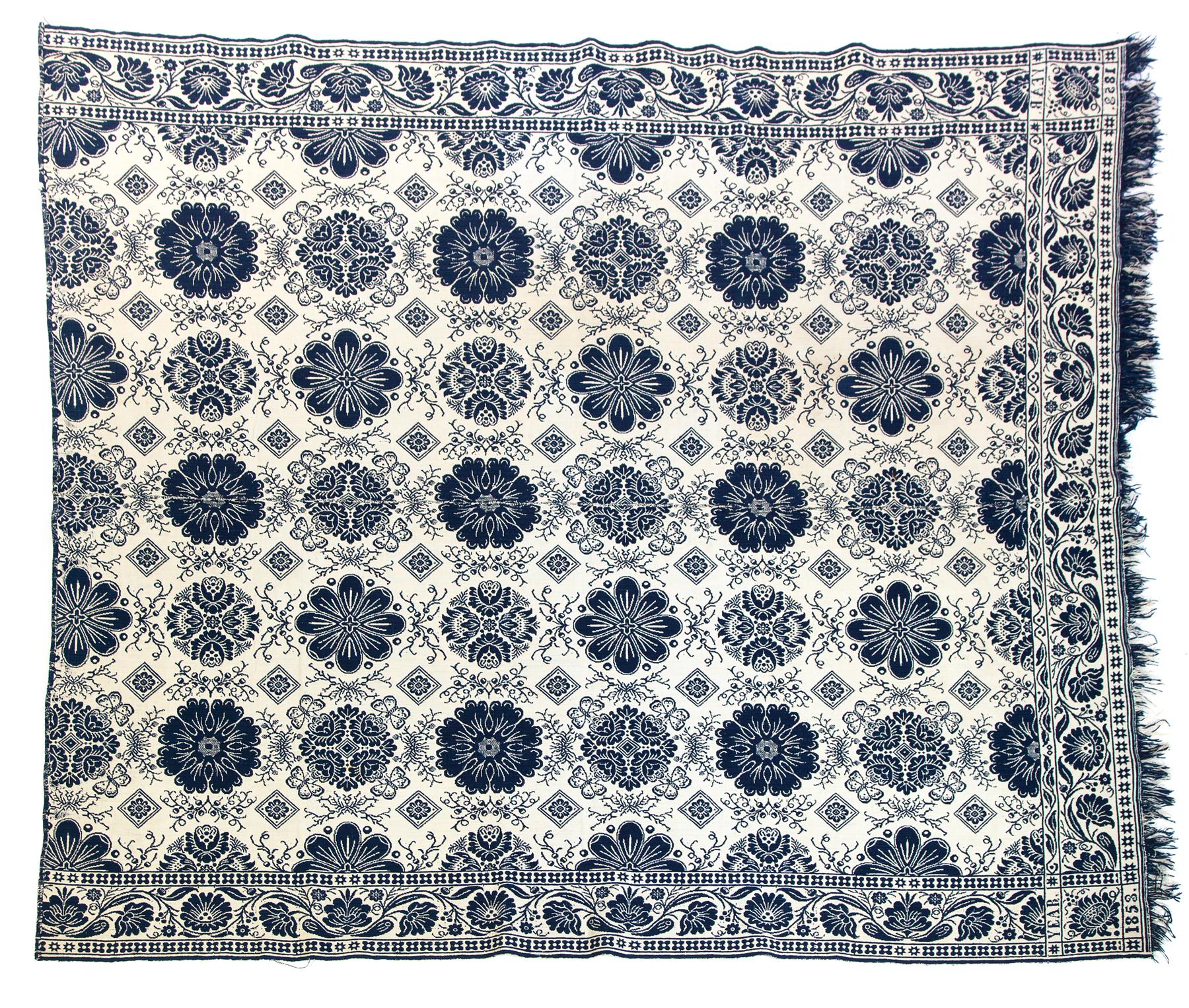 Appraisal: INDIANA JACQUARD COVERLET Corner block of Henry and Sarah La