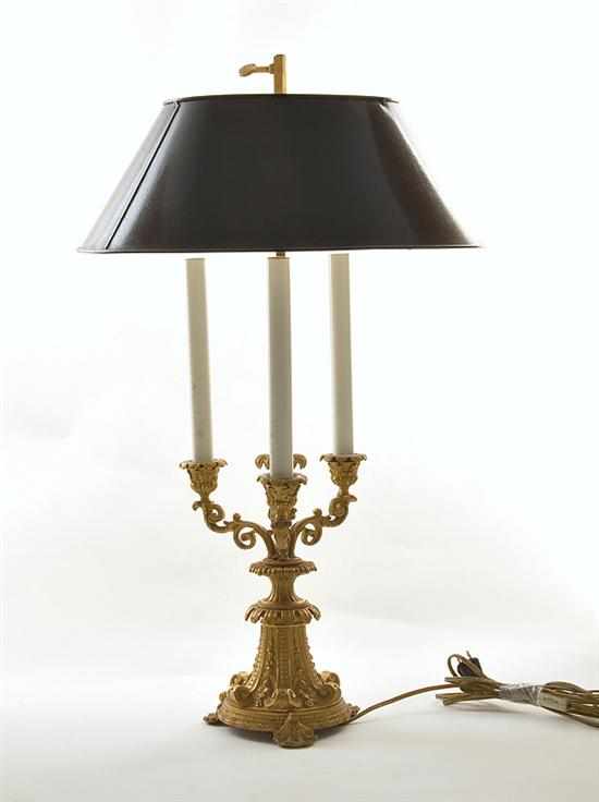 Appraisal: French gilt-bronze candelabra converted to lamp th century strapwork and