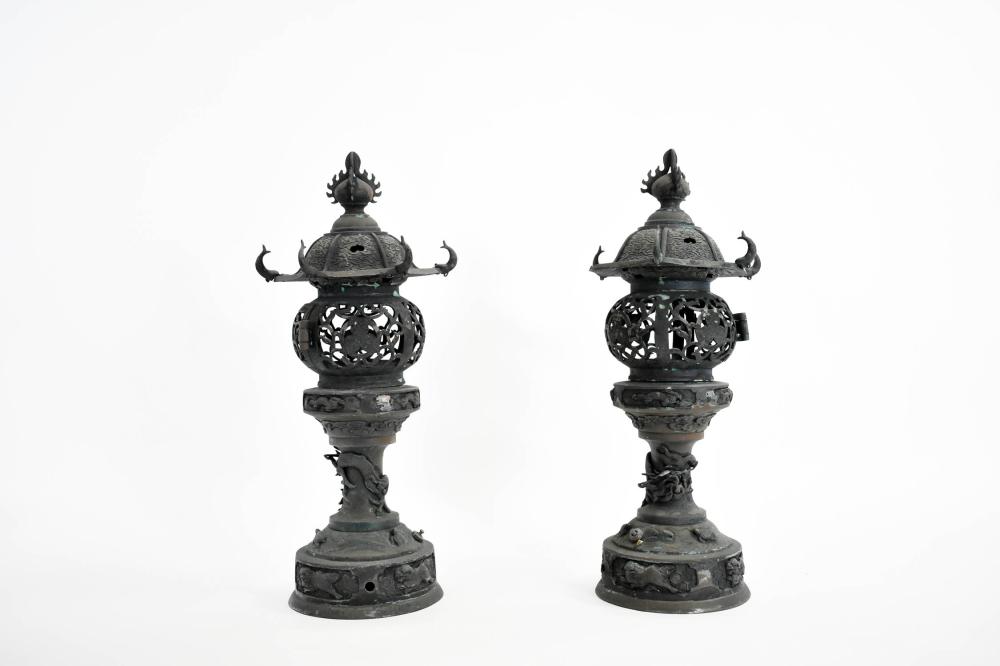 Appraisal: PAIR OF JHAPANESE PATINATED METAL LANTERNSEarly th Century The six-sided