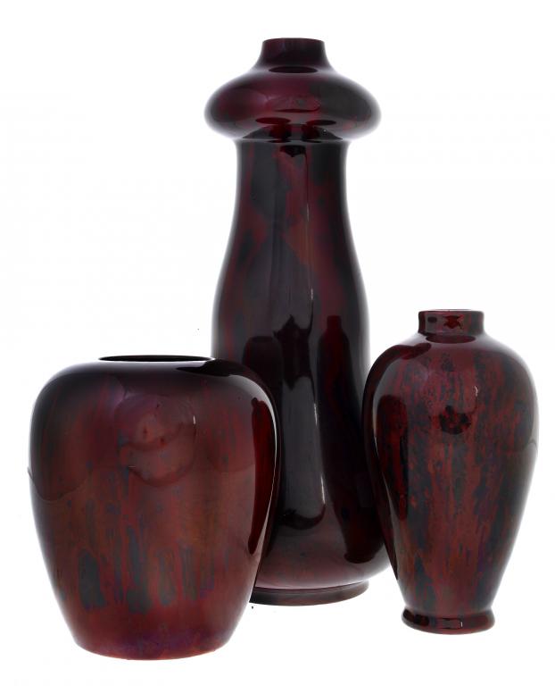 Appraisal: THREE GEORGE HOWSON SONS FLAMB VASES BY EDWARD R WILKES