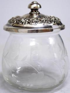 Appraisal: S Kirk Sterling Silver Etched Glass Jam Jar The body