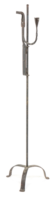 Appraisal: AMERICAN WROUGHT IRON RUSHLIGHT HOLDER First half th century Tripod