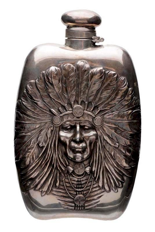 Appraisal: Silver Whiskey Canteen With Indian Head In Relief Great image