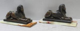 Appraisal: Pair of Patinated Bronze Egyptian Revival Bronze Sphinx Form Bookends