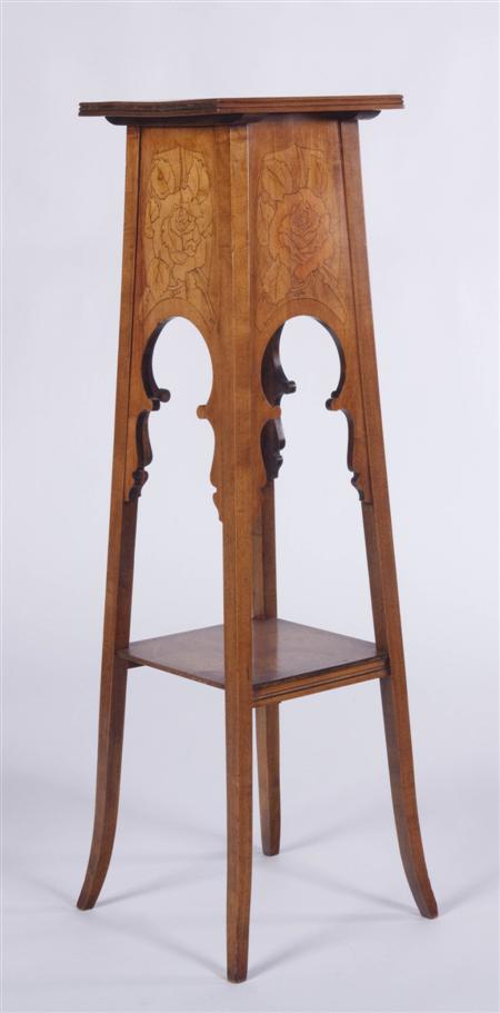 Appraisal: ARTS CRAFTS PLANT STAND CIRCA beech with pokerwork decoration cm