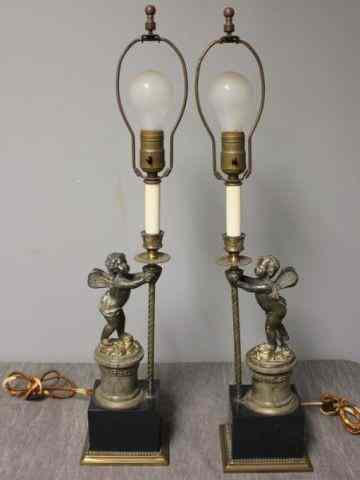 Appraisal: Pair of Winged Putti Pedestal Base Lamps Brass and white