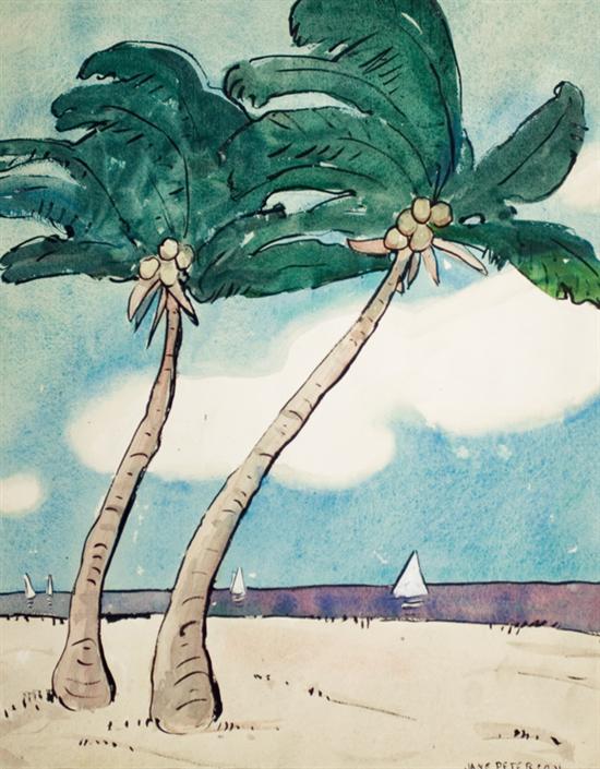 Appraisal: JANE PETERSON American - Two Coconut Palm Trees watercolor signed