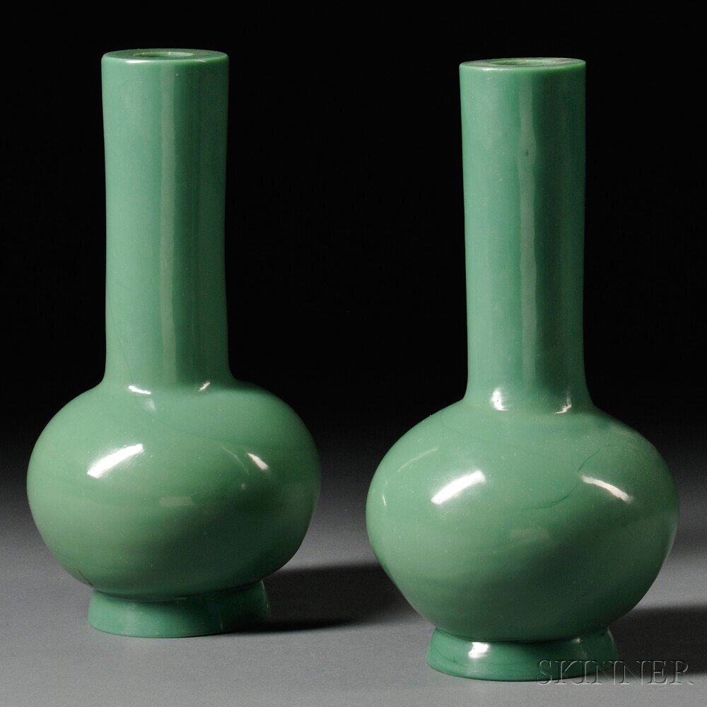 Appraisal: Pair of Green Peking Glass Vases China th century bottle-shape