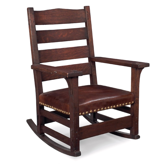 Appraisal: Gustav Stickley rocking chair peaked top with thru-tenon construction over