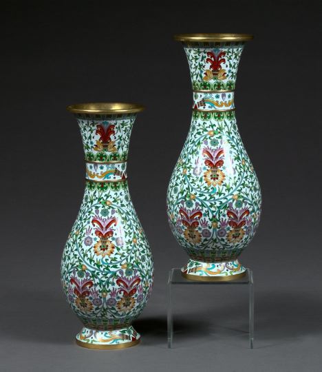 Appraisal: Tall Pair of Chinese White-Ground Floral Cloisonne Vases of baluster