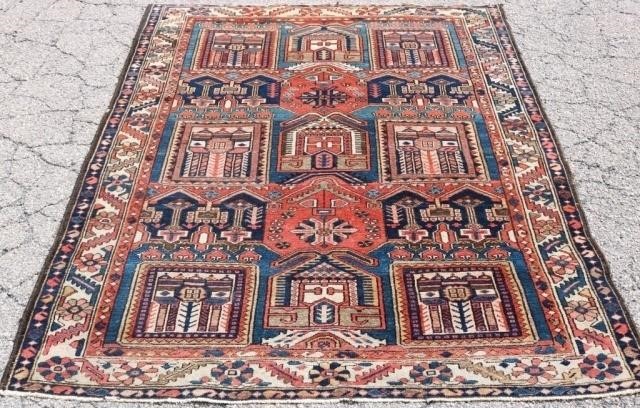 Appraisal: SEMI-ANTIQUE CAUCASIAN RUG GEOMETRIC DESIGN RUST AND BLUE FIELD GOOD