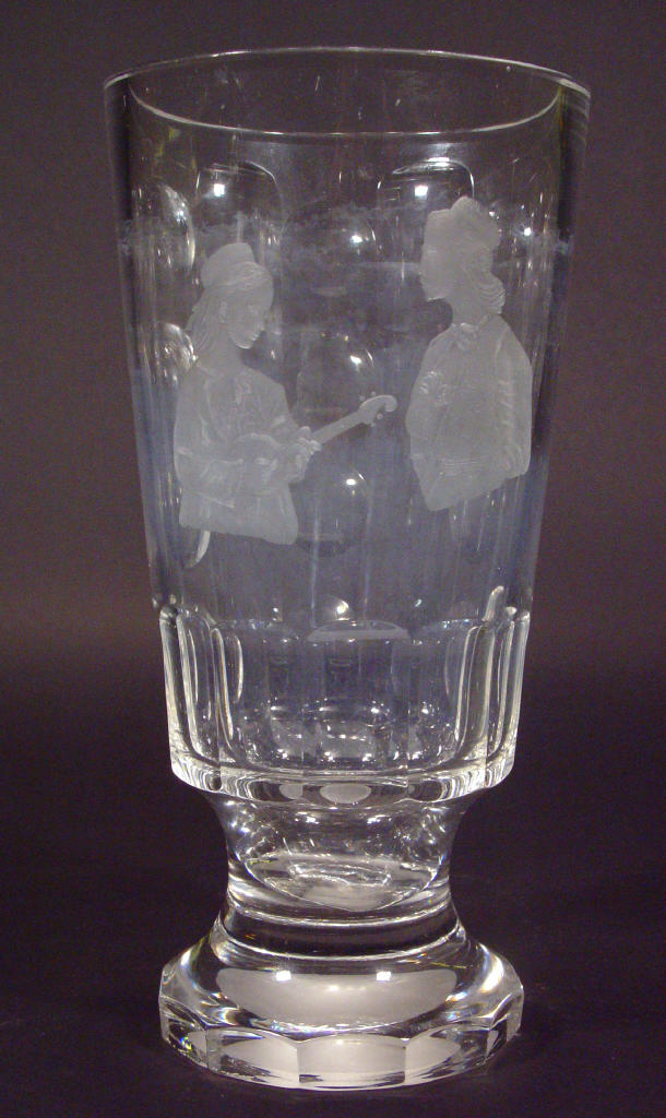 Appraisal: Cut clear glass vase etched with a mandolin-playing musician marked