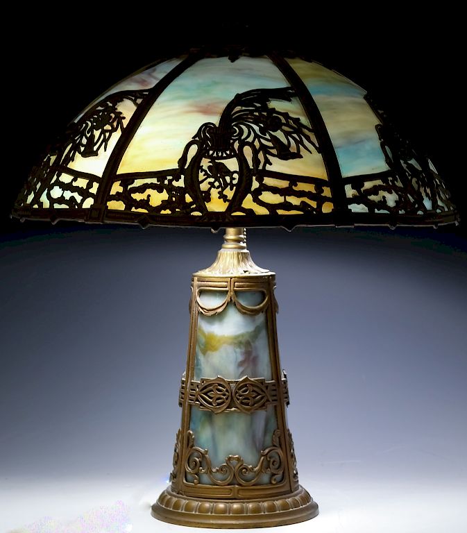 Appraisal: Art Nouveau Metal Overlay Slag Glass Table Lamp Early th