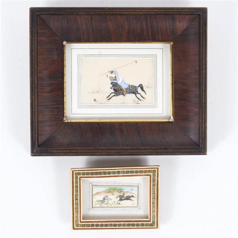 Appraisal: TWO FRAMED PERSIAN MINIATURE PAINTINGS ON BONE LARGER IS SIGNED