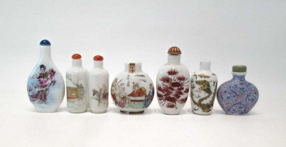 Appraisal: ELEVEN HAND ENAMELED PORCELAIN SNUFF BOTTLES various forms motifs and