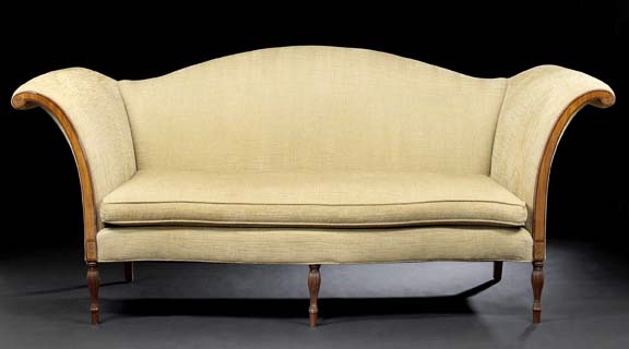 Appraisal: Adam-Style Mahogany Sofa the padded camel back joined by outscrolled