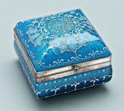 Appraisal: Enameled dresser box blue glass with white enamel flowers and