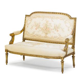 Appraisal: LOUIS XVI STYLE GILTWOOD SETTEE Padded back and seat on