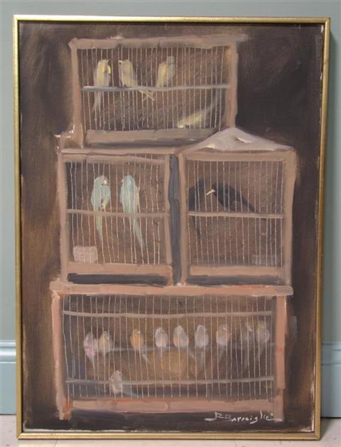 Appraisal: RAFFAELE BARSCIGLIE ITALIAN - BIRDS IN BIRDCAGE Oil on canvas