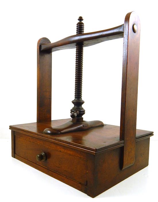 Appraisal: th C mahogany tabletop book press atop single fitted drawer