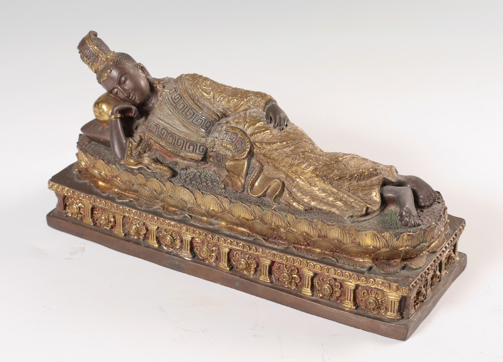 Appraisal: GILT BRONZE FIGURE OF RECLINING BODHISATTVA Bronze figure with gilt