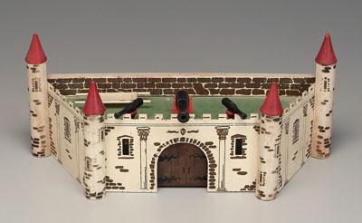 Appraisal: Wooden toy castle wood and composition red-painted pinnacles on columns