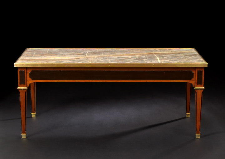 Appraisal: Stylish Louis XVI-Style Ebonized Fruitwood and Marble-Top Cocktail Table mid-