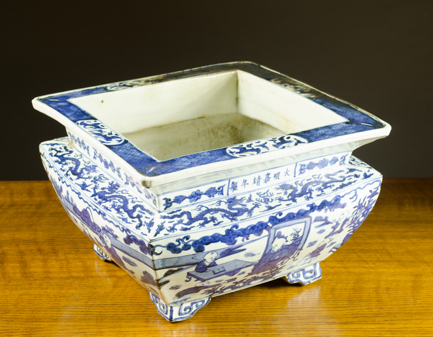 Appraisal: CHINESE BLUE AND WHITE CENSER with a squared rim and