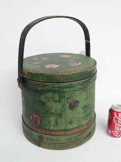 Appraisal: th c swing handle firkin in old green floral decorated