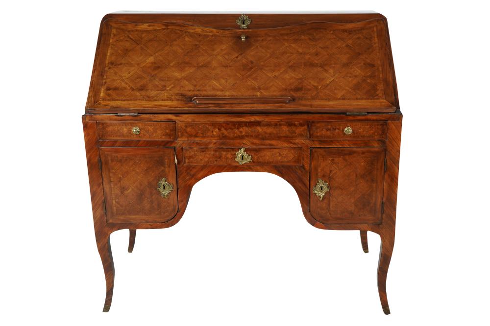 Appraisal: CONTINENTAL PARQUETRY-INLAID SLANT-FRONT DESKCondition with some areas of lifting to