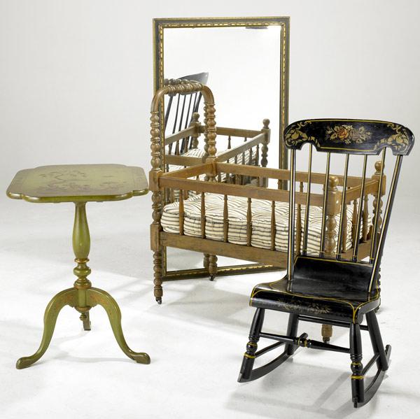 Appraisal: FURNITURE GROUPING Four pieces includes Chinoiserie decorated green tilt-top table