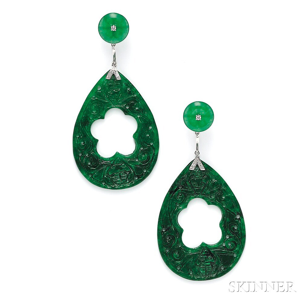 Appraisal: kt White Gold Jade and Diamond Earpendants each carved jade