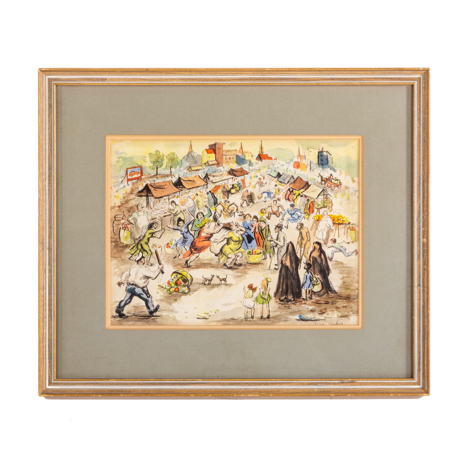 Appraisal: AARON SOPHER MARKET BRAWL WATERCOLOR American - Pen and ink