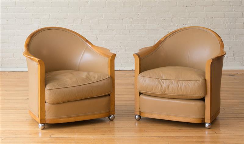 Appraisal: PAIR OF JULES LELEU ART DECO STYLE CLUB CHAIRS Marked