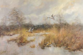 Appraisal: H HANSUNG German b Ducks in Flight Oil on canvas