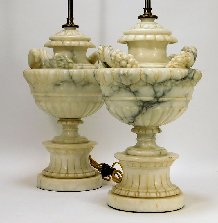 Appraisal: PR Monumental Neoclassical Alabaster Urn Lamps PR Monumental Neoclassical Alabaster