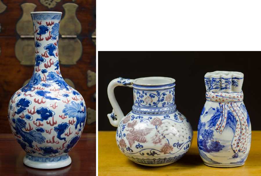 Appraisal: THREE CHINESE BLUE AND IRON RED PORCELAIN VESSELS each hand