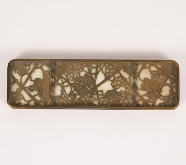 Appraisal: Tiffany Studios bronze pen tray pierced grapevine pattern with slag