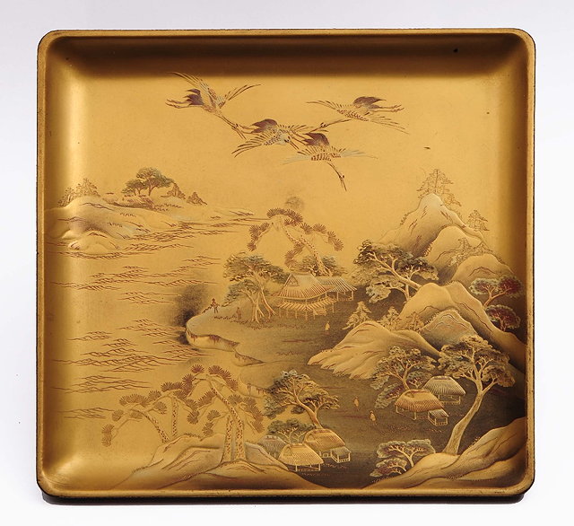 Appraisal: A Japanese gold lacquer square trayMeiji period - decorated mountain