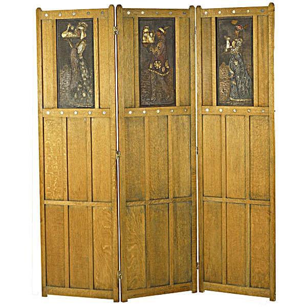 Appraisal: ARTS CRAFTS Three panel screen insets painted with Pre-Raphaelite figures