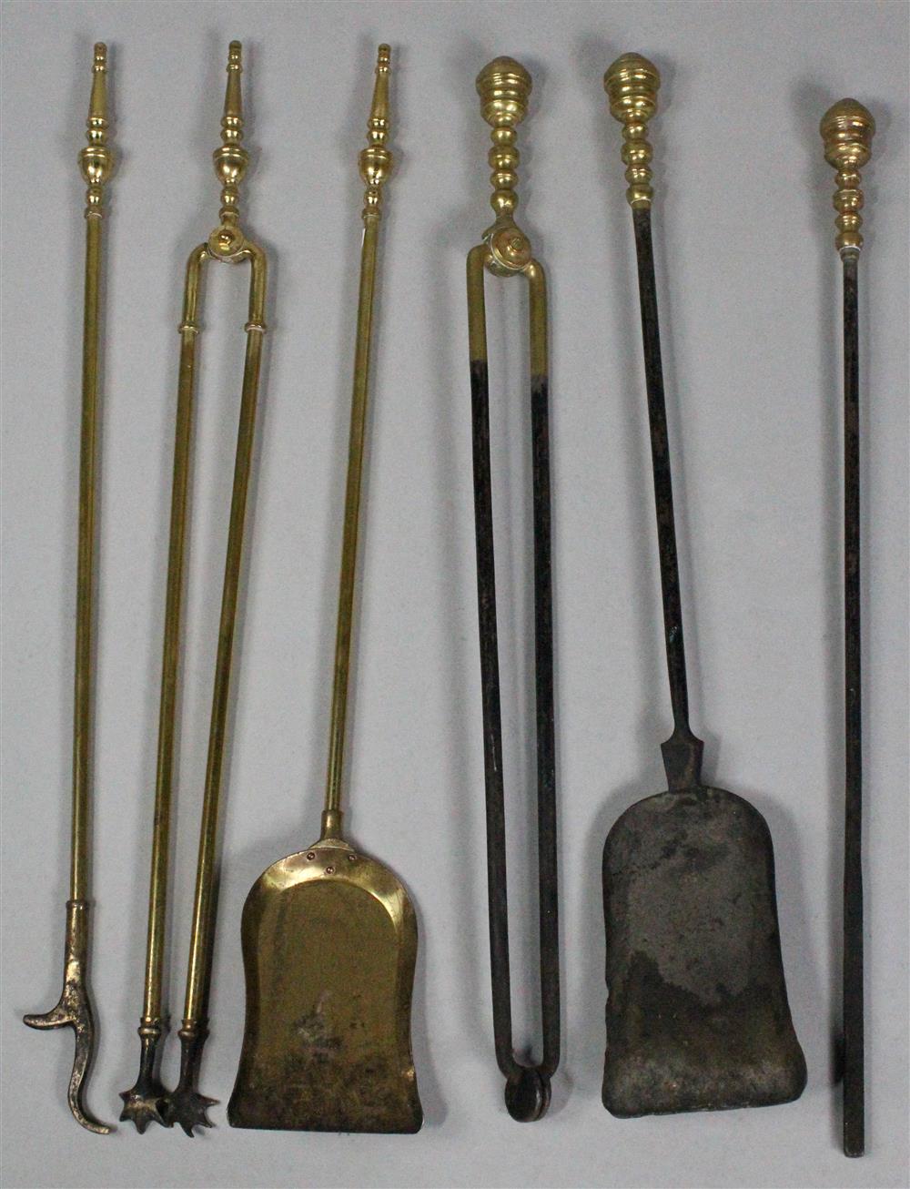 Appraisal: ASSORTED GROUP OF SIX BRASS AND IRON FIRE TOOLS the