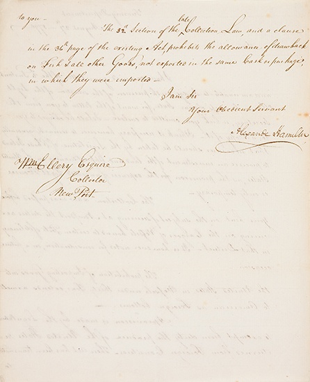 Appraisal: HAMILTON ALEXANDER Letter Signed as Secretary of the Treasury to