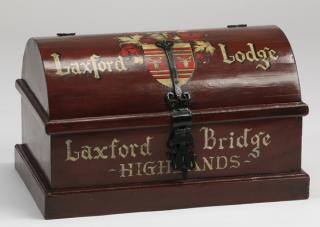 Appraisal: Paint Tabletop domed chest paint decorated with heraldic crests inscribed