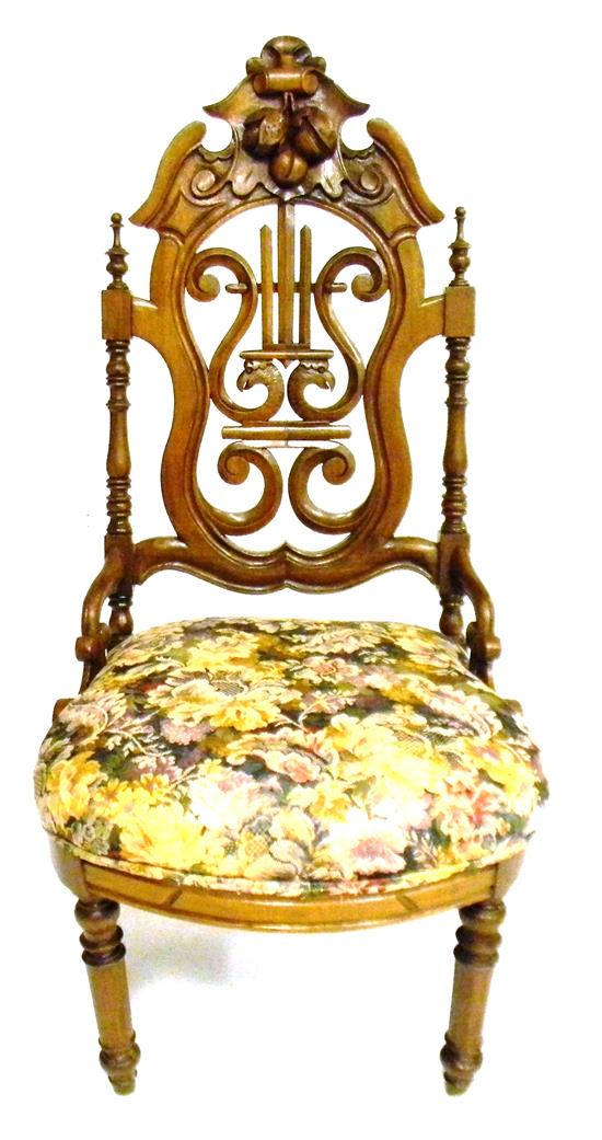 Appraisal: Victorian side chair walnut high relief carved crest with fruit