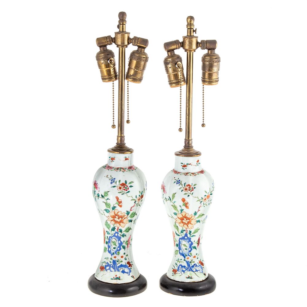 Appraisal: Pair Chinese Export Famille Rose Paneled Jar Lamps Circa with