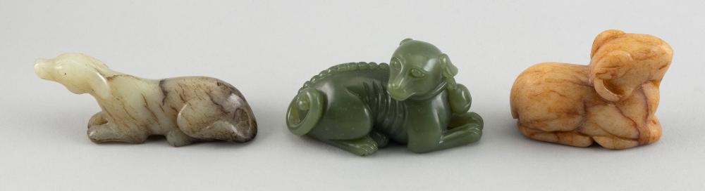 Appraisal: THREE CHINESE CARVED JADE RECLINING ANIMALS TH TH CENTURYTHREE CHINESE