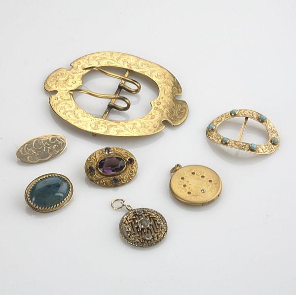 Appraisal: GOLD-FILLED JEWELRY Seven pieces include buckles brooches and pendants ca