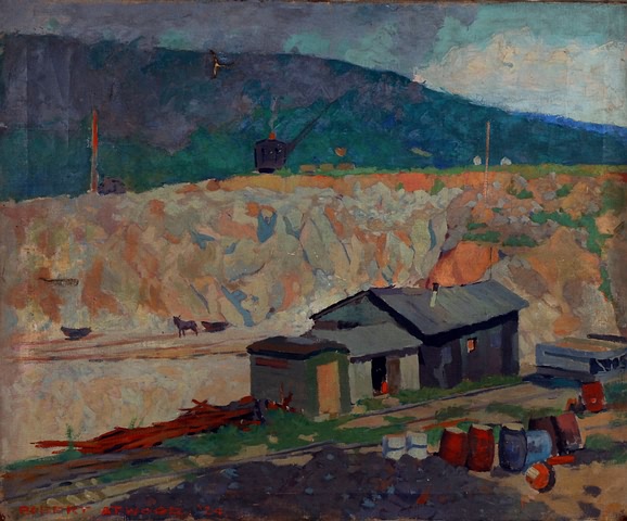 Appraisal: Mining village Impressionist landscape oil on canvas x SLL patches