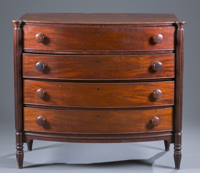 Appraisal: Transitional Sheraton Mahogany Bow-Front Chest Poplar secondary from New England